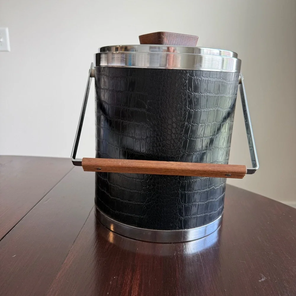 Vintage MCM Black Croc Embossed Ice Bucket Chrome Wood Handle Mid Century Modern